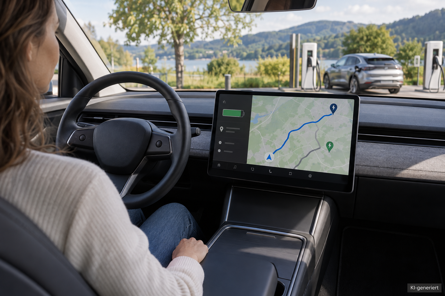 Anzeige eines Elektroautos mit geplanter Ankunftsreserve und alternativem Ladepunkt auf der Route