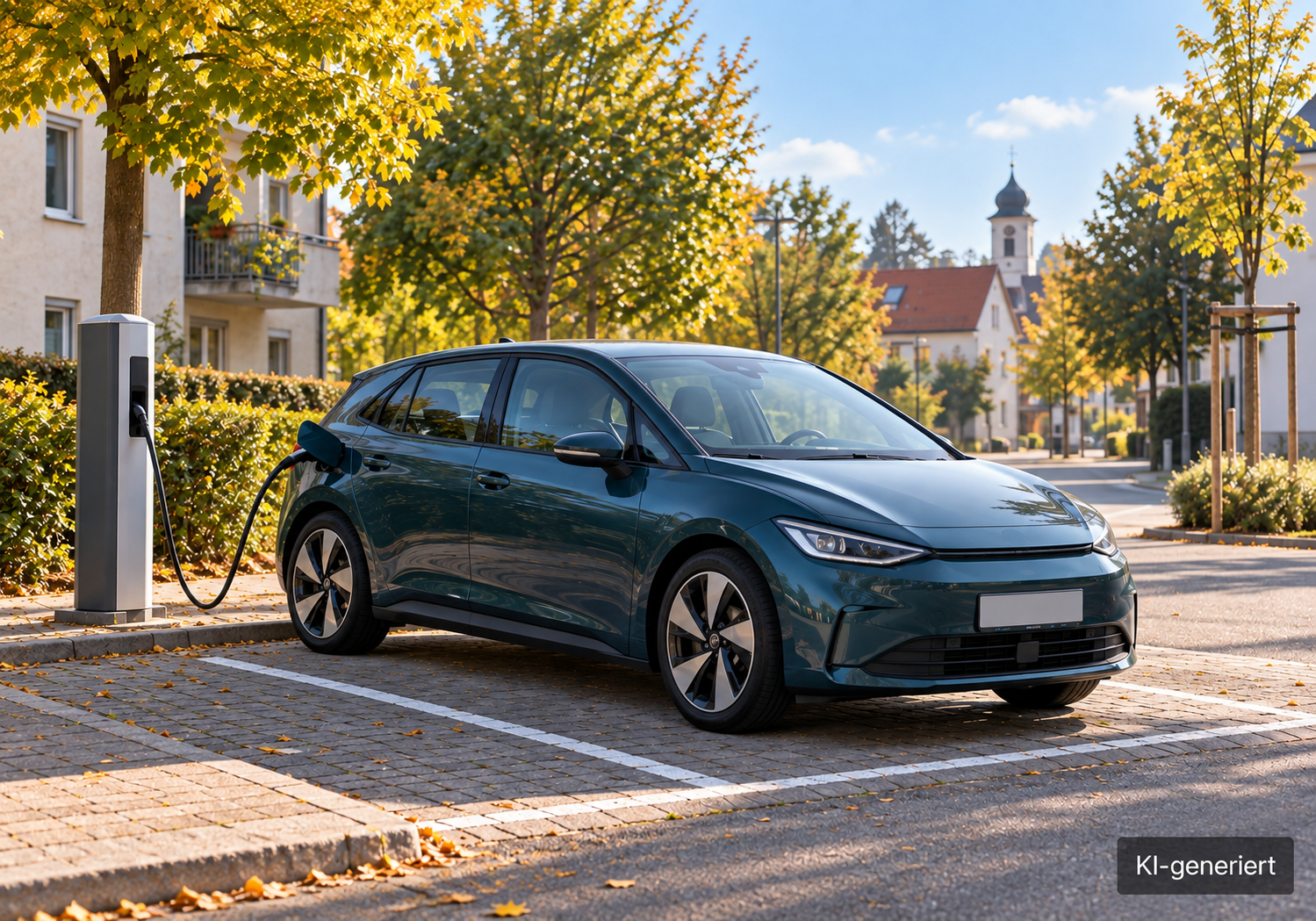 Elektroauto an einer öffentlichen Ladestation im Wohnviertel