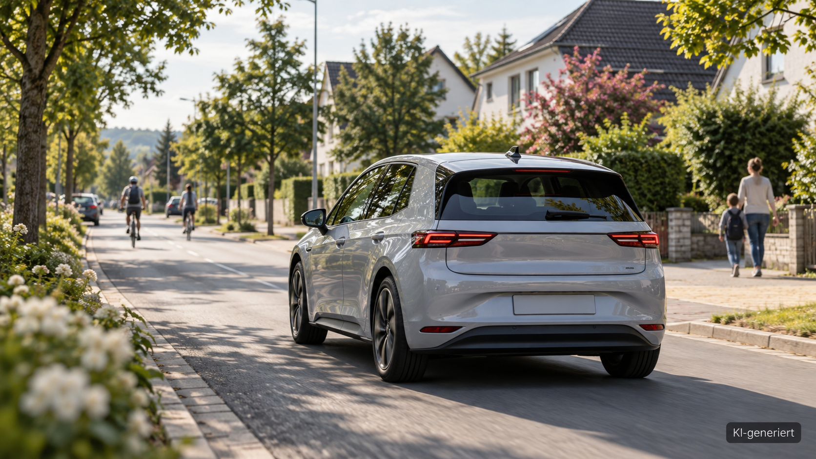 Elektroauto fährt ruhig durch eine deutsche Wohnstraße