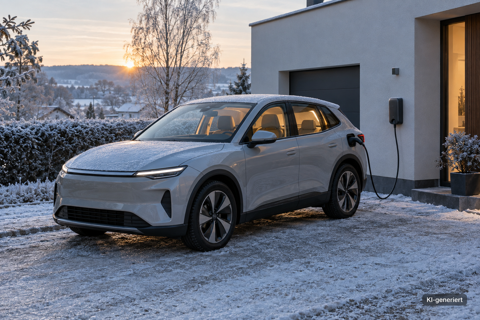 E-Auto wird an einem frostigen Morgen an der Wallbox geladen und vorklimatisiert