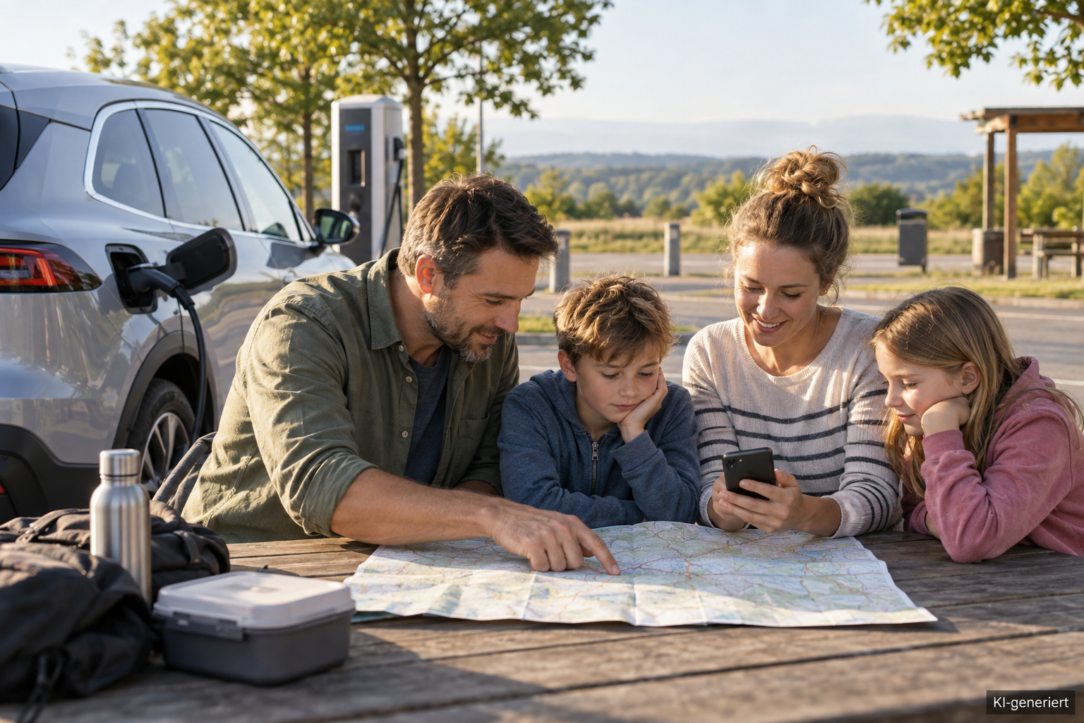 Familie plant neben einem Elektroauto die erste lange Reise auf einer Straßenkarte