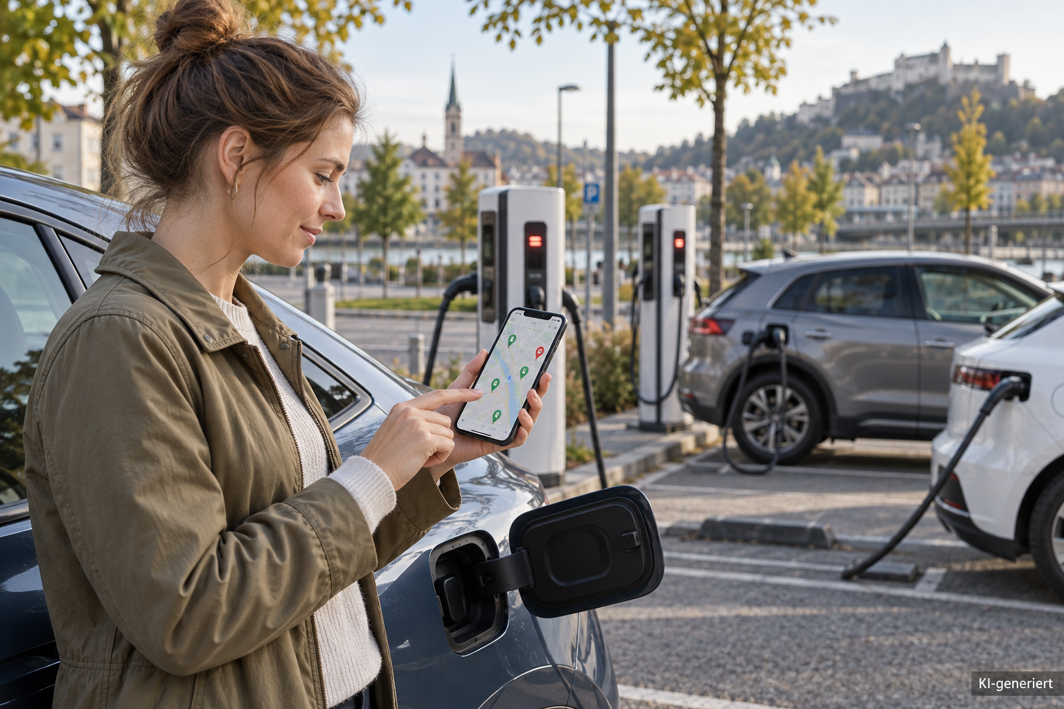 Fahrerin prüft an einem belegten Ladepark eine alternative Ladestation auf dem Smartphone