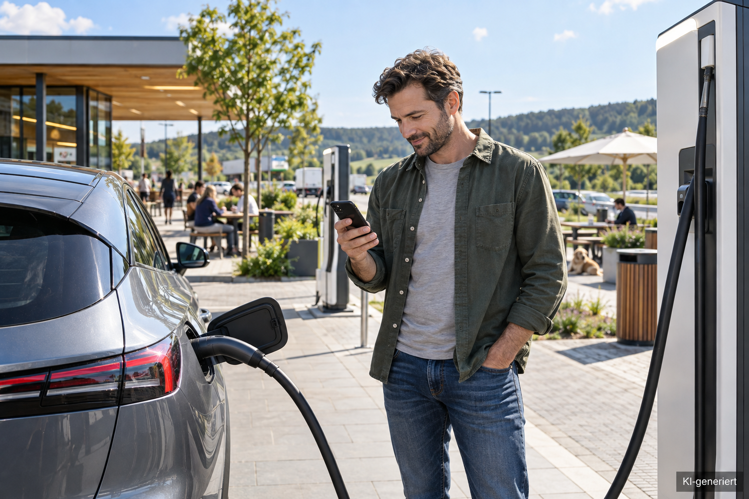 Elektroauto an einem hellen Reiseladepark mit Smartphone zur Ladeplanung
